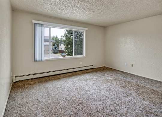 A room with a window and a carpeted floor.