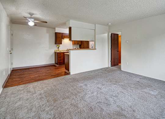 A room with a carpeted floor and a ceiling fan.