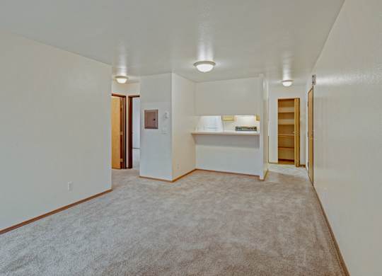 A spacious, empty living area here at Strawberry Lane with soft beige carpet and warm neutral walls for a bright, open feel. A kitchen pass-through window adds an open-concept layout, while hallway storage and multiple doorways provide convenient access to other rooms.