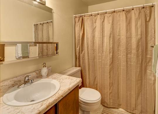 A tidy bathroom here at Taiga with a white sink, marble-style countertop, and large wall mirror, plus a bathtub-shower combo with a neutral striped curtain for a clean, simple feel.