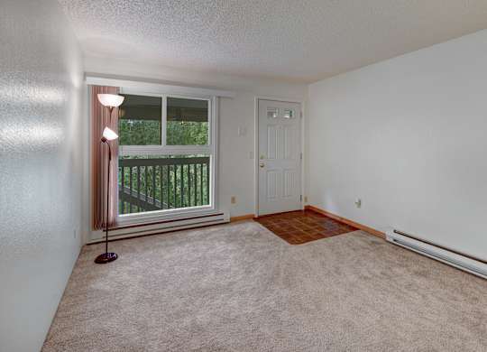 A bright living room at Terrace on the Lake with plush beige carpeting, a tiled entry area by the front door, and a large sliding window looking out to a balcony with tree views. A tall floor lamp sits beside the window, and baseboard heaters run along the walls.