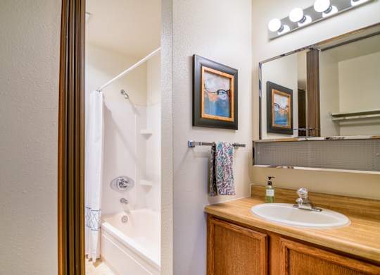A bright bathroom at The Alpine featuring a single-sink vanity with wood cabinetry and a wide mirror with globe lighting. A tub and shower combo sits behind a white curtain, with built-in shelves for storage. Warm wall art, a hand towel, and simple finishes create a clean and welcoming space.