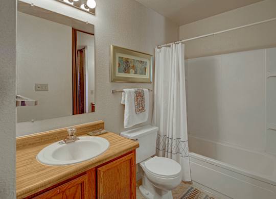A clean bathroom at The Alpine featuring a bathtub and shower combo with a white curtain. The vanity includes a single sink, wood cabinetry, and a large wall mirror with bright lighting. Neutral walls, framed artwork, and simple towels add a warm, inviting touch.