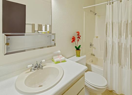 A bright bathroom at The Glen featuring a white vanity with a built-in sink and chrome faucet, a mirrored medicine cabinet with storage, and a clean bathtub and shower combo with a light-patterned curtain, complemented by neutral walls, soft lighting, folded towels, and a small decorative plant creating a tidy, inviting space.