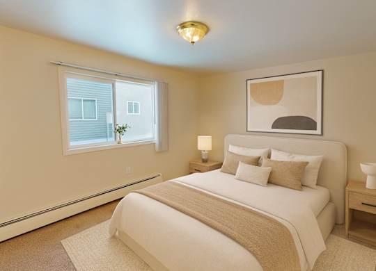 A bright bedroom at The Village at Calais featuring a bed with neutral bedding and layered throw pillows, matching wood nightstands with modern lamps, a light area rug, and abstract wall art above the headboard near a large window.