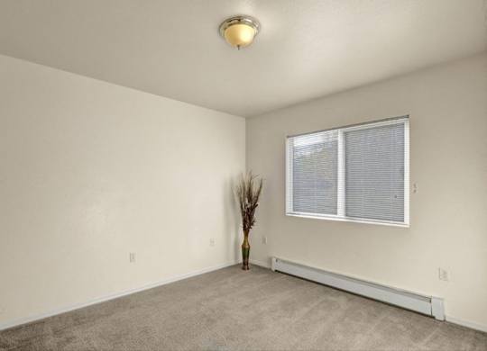 A bright, empty bedroom here at Timber Ridge with soft beige carpet, clean white walls, and a wide window with blinds that brings in natural light for a calm, comfortable feel.