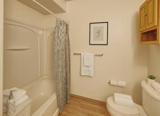 A clean bathroom here at Timber Ridge with a tub-shower combo, a patterned shower curtain, and bright neutral walls, featuring a towel bar, storage cabinet, and warm wood-style flooring for a simple, inviting feel.