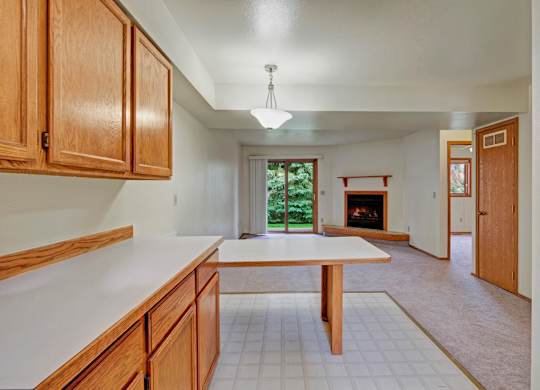 A spacious open-concept kitchen and living area here at Wildwood Estates with warm wood cabinets, a long breakfast bar, and soft carpet leading to a cozy fireplace and a sliding glass door with peaceful green views.