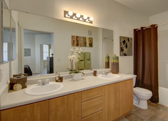 Modern bathroom here at Arezzo Apartments with twin sinks, wood cabinets, and a large mirror. Decorative vases, flowers, and art pieces add warmth; brown shower curtain complements earthy tones.