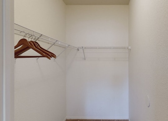 Empty, light beige walk-in closet here at Arezzo Apartments with a wire shelf on the left wall holding a few wooden hangers. Carpeted floor gives a minimalist feel.
