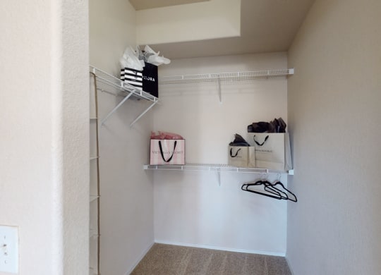 Minimalist walk-in closet here at Dobson Towne Centre Apartments with wire shelves holding shopping bags. Carpeted floor, neutral tone walls, and a few black hangers create a clean, organized vibe.