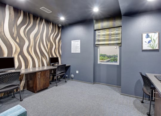 Modern computer room here at Artisan at Main Street Metro Apartments with a wavy patterned wall, two desks with computers, and chairs. A window with a striped blind and framed plant artwork add color.