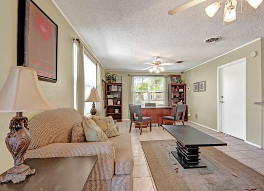 a living room with a couch and a coffee table
