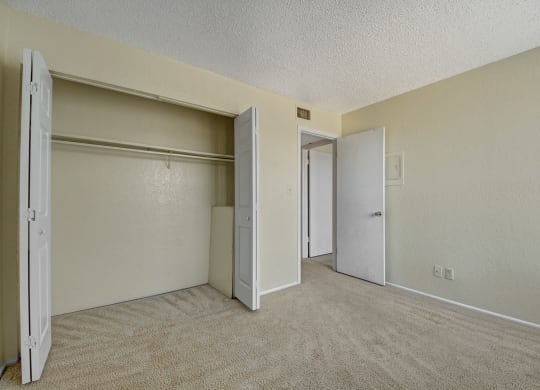 the living room of an apartment with a door to the closet