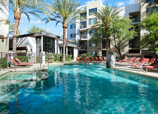 A swimming pool surrounded by palm trees and lounge chairs.