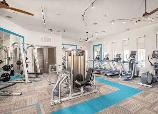 A spacious fitness center here at The Flats at San Tan featuring strength-training machines, free weights, and multiple cardio options including treadmills and elliptical machines, all arranged on patterned flooring with teal accents, large windows for natural light, ceiling fans, and modern lighting for an energizing workout environment.