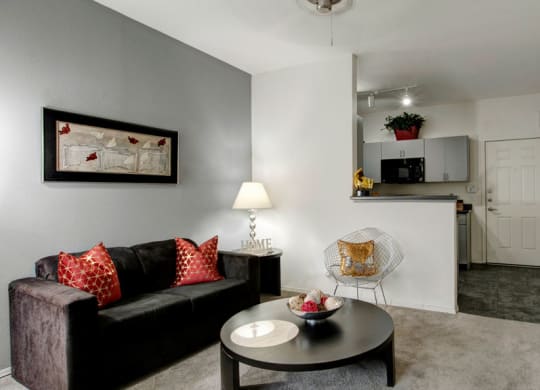 Modern living room here at Bolero Apartments with a black sofa, red pillows, art on the wall, and a round coffee table. The kitchen is visible. The room feels cozy and stylish.