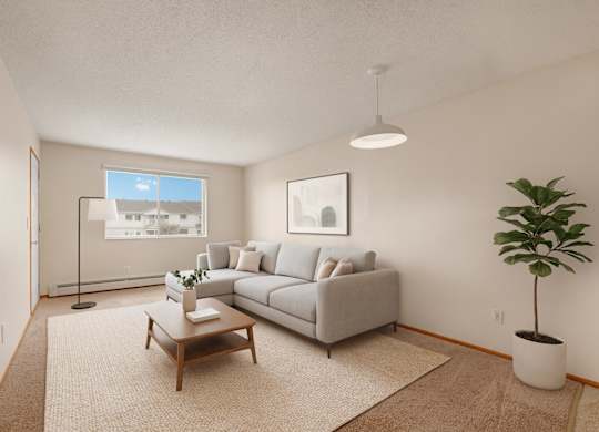 A bright living room here at Aspen Terrace with beige carpeting, a light gray sectional sofa with neutral throw pillows, and a simple wooden coffee table on a textured cream area rug.