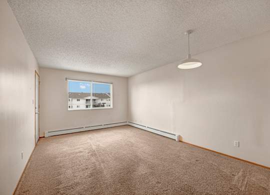 A spacious, empty living area here at Aspen Terrace with soft beige carpeting, neutral walls, and a large window that brings in natural light. A modern pendant light and open layout create a bright, comfortable feel.