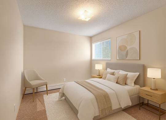 A cozy bedroom here at Aspen Terrace with beige carpet, soft neutral walls, and a gray upholstered bed dressed in crisp white bedding and a warm tan throw. A window with blinds brings in natural light, and matching nightstands with modern lamps create a calm, inviting feel.