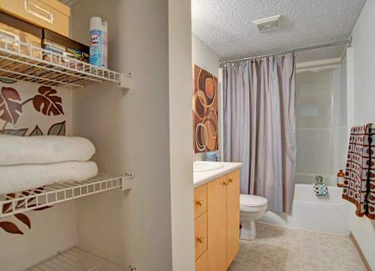 A functional bathroom here at Aspen Terrace with a bathtub-shower combo, a light wood vanity with a white countertop, and a clean tile floor. A built-in shelving area with wire racks adds convenient storage, giving the space a practical, welcoming feel.