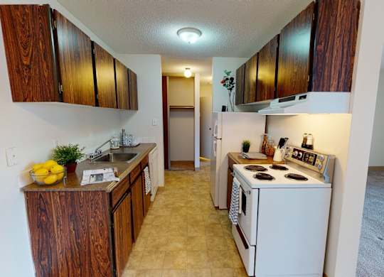A bright galley-style kitchen here at Cambridge West with dark wood cabinets, a white refrigerator, and an electric stove with a vent hood. The long countertop includes a double sink, small greenery, and a bowl of lemons, with open space leading into the living area.