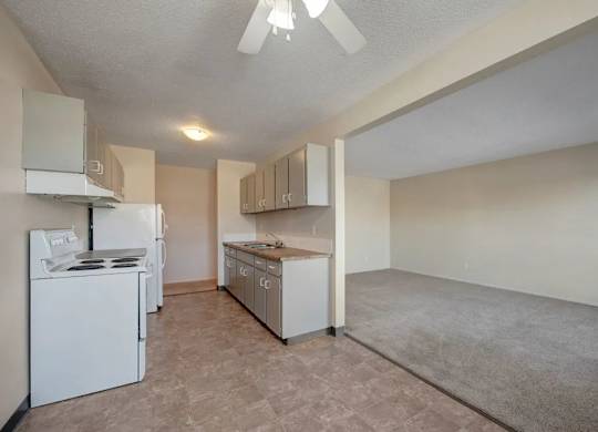 A bright open-concept space here at Cedar Gardens with a functional galley kitchen and adjoining living area, featuring white cabinetry, full-size appliances, and durable flooring that flows into soft carpeting for a cozy, everyday feel.