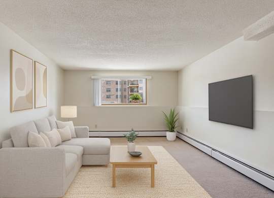 A bright living room here at Gateway Square featuring a cozy light-gray sectional with soft neutral pillows, paired with modern wall art, a warm wood coffee table on a plush area rug, and a few simple plants for a clean, relaxing feel.