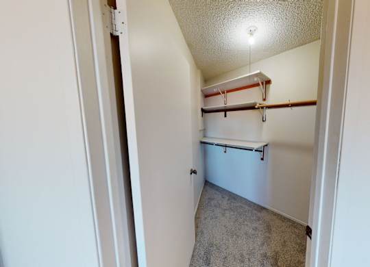 A spacious walk-in closet at Lakewood Heights with soft carpet, built-in shelving, hanging rods, and overhead lighting that makes everyday organization easy and convenient.