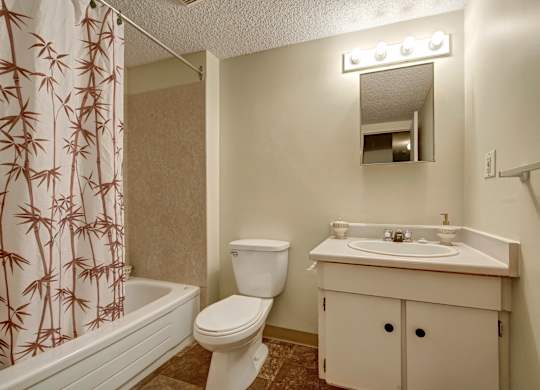 A bright bathroom at Lakewood Heights featuring a tub-and-shower combo with patterned curtain, neutral finishes, durable flooring, and a well-lit vanity with mirror for everyday convenience.