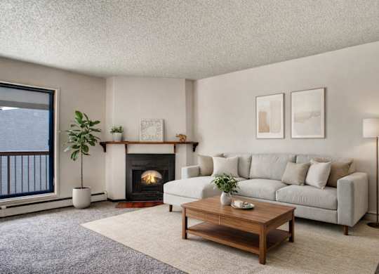 A warm, inviting living room here at Madison Park featuring a neutral sectional sofa with textured throw pillows, a wooden coffee table, soft area rug, and a cozy fireplace with a simple mantel, complemented by natural light from a sliding glass door leading to a private balcony.