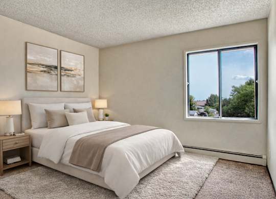 A bright, calming bedroom here at Madison Park featuring a neatly made bed with white bedding, layered neutral pillows, and a soft throw, paired with matching nightstands and warm table lamps, framed by minimalist wall art, plush carpet, and a large window offering natural light and neighborhood views.