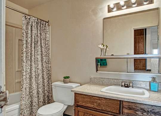 Bathroom here at Madison Park Apartment Homes with a wooden vanity and granite countertop, a large mirror, modern light fixtures, a patterned shower curtain, and a small plant on the toilet.