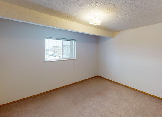 A bright, open bedroom here at Quail Ridge with soft carpet, neutral walls, and a wide window bringing in natural light. A simple overhead light and warm wood trim create a clean, cozy feel with plenty of space for comfortable furniture.