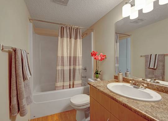 A clean, well-lit bathroom here at Sonora featuring a white tub and shower combination with a neutral striped curtain, a single-sink vanity with warm wood cabinetry and a speckled countertop, modern lighting above a large mirror, coordinated towels, and durable flooring that creates a fresh, functional space.