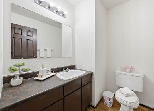 A bathroom with a brown counter top and a white toilet.