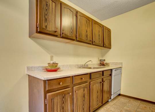 A cozy kitchen here at Ventana featuring warm wood cabinetry, a light laminate countertop with an integrated sink, built-in dishwasher, vinyl tile flooring, and simple staged dishware, with neutral walls and overhead lighting that create a functional and inviting galley-style layout.