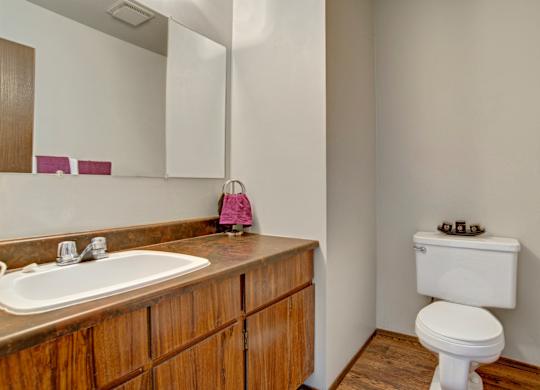 A clean bathroom here at Ventana featuring a wood-finish vanity with a laminate countertop, an integrated sink with chrome fixtures, a wall-mounted mirror, neutral painted walls, wood-style flooring, a standard toilet, and simple decorative accents creating a functional and well-lit space.