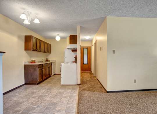 A bright open living space here at Ventana showcasing a combined living and kitchen layout with neutral walls, soft carpet and tile flooring, wood-style cabinetry, white appliances, overhead lighting, and a spacious hallway that creates a functional, comfortable flow throughout the apartment.