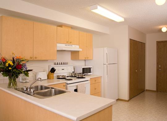 A spacious kitchen here at Wellington Manor with light wood cabinets, white countertops, and bright overhead lighting. A double stainless steel sink sits along a wide breakfast bar that offers extra counter space for cooking or casual dining. A full appliance set includes a white stove with vent hood, a microwave, and a full-size refrigerator for everyday convenience.
