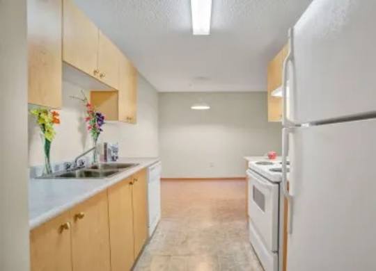 A bright galley-style kitchen here at Wellington Manor with light wood cabinets, white countertops, and clean vinyl flooring. A full appliance set includes a white refrigerator, stove, and dishwasher for everyday convenience. A long counter and overhead lighting lead into an open dining area, creating a simple and functional layout.