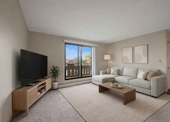 A bright living room here at Wyndham Crossing with a cozy light gray sectional sofa, neutral throw pillows, and simple wall art above the seating area. A large sliding glass door brings in natural light and opens to a private balcony, while a modern TV console, soft area rug, and small coffee table complete the clean and inviting space.