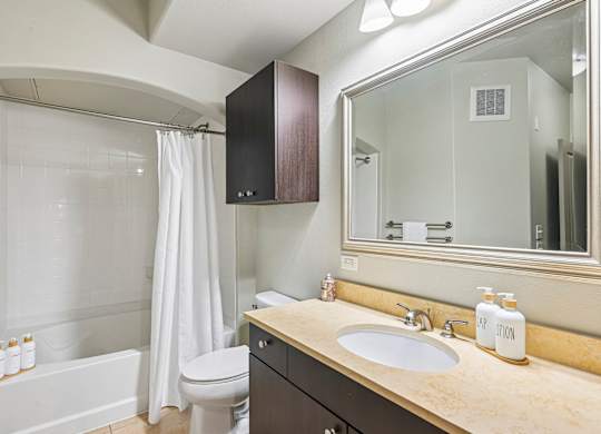 A bathroom with a white toilet, a sink, and a bathtub with a shower curtain.