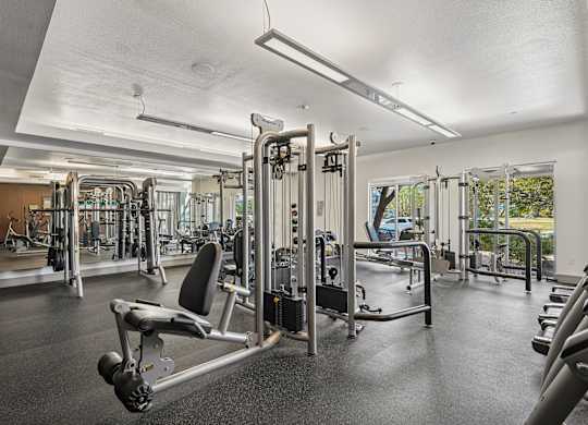 A gym with a variety of equipment including a leg press machine.