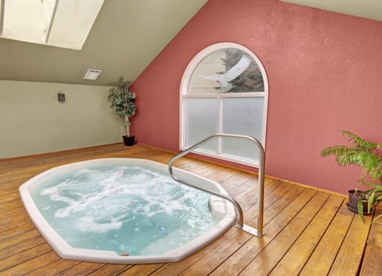 Indoor jacuzzi here at The Club at Eagle Pointe Apartments with bubbling water on wooden flooring, next to a large, arched window. Plants decorate the space, conveying a relaxing atmosphere.