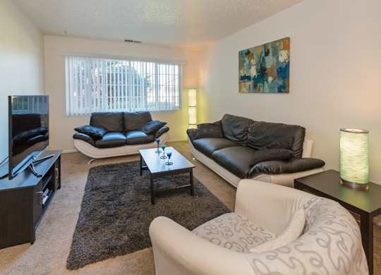 A bright living room here at Austin Park showcasing a spacious layout with modern dark leather sofas, a coordinating accent chair, a central coffee table set on a plush area rug, a TV with media console, soft ambient lighting, and a large window with vertical blinds that fills the space with natural light.