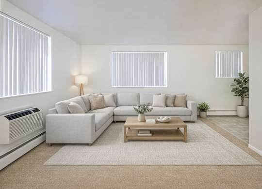 A bright modern living room here at Bristol Square featuring a spacious light gray sectional sofa with neutral throw pillows, a wooden coffee table on a soft area rug, vertical blinds allowing natural light, light-toned walls, and clean finishes that create an open, inviting atmosphere for everyday living and relaxing.