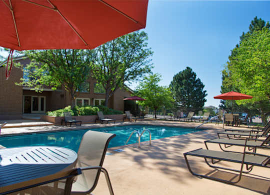 A bright outdoor pool area here at Eagle Ridge featuring a rectangular swimming pool with clear blue water, surrounding concrete deck, multiple lounge chairs arranged along the poolside, patio tables with red umbrellas, mature trees providing shade, and a clubhouse building visible in the background under a sunny blue sky.