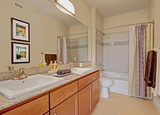 A bathroom with a double sink and a toilet.