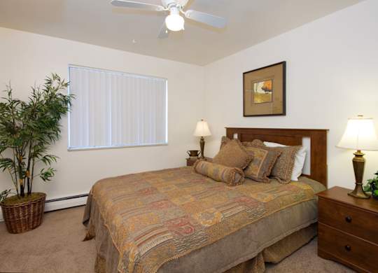 A comfortable bedroom here at Hyde Park North Apartments with beige carpet and light neutral walls, featuring a bed with patterned bedding, matching nightstands with lamps, and framed wall art above the headboard. A ceiling fan provides added comfort, while a window with vertical blinds and a potted plant create a calm, inviting atmosphere.